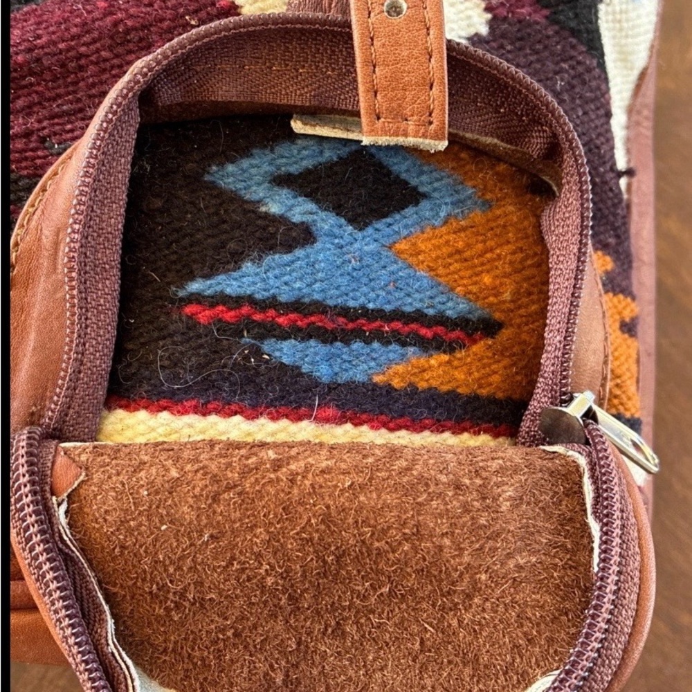 Leather &Woven Woolen Textile Small Backpack Crossbody Bag — Brown, Boho Vintago - Picture 8 of 14